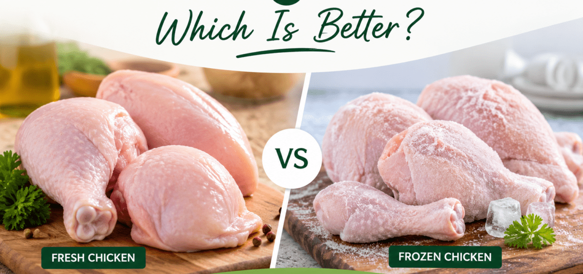 Fresh Chicken vs Frozen Chicken comparison showing hygienically processed chicken from Beem Farms.