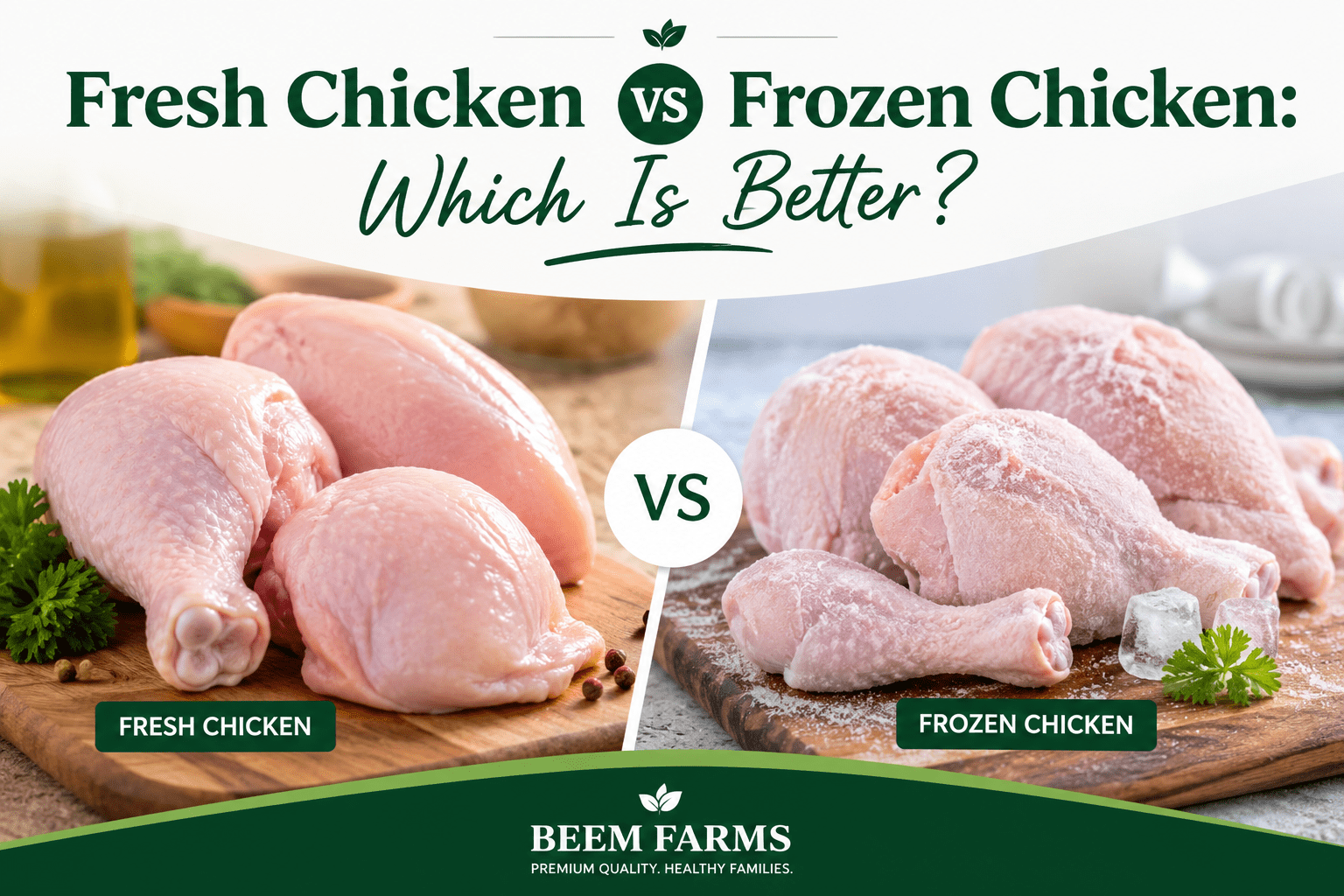 Fresh Chicken vs Frozen Chicken comparison showing hygienically processed chicken from Beem Farms.