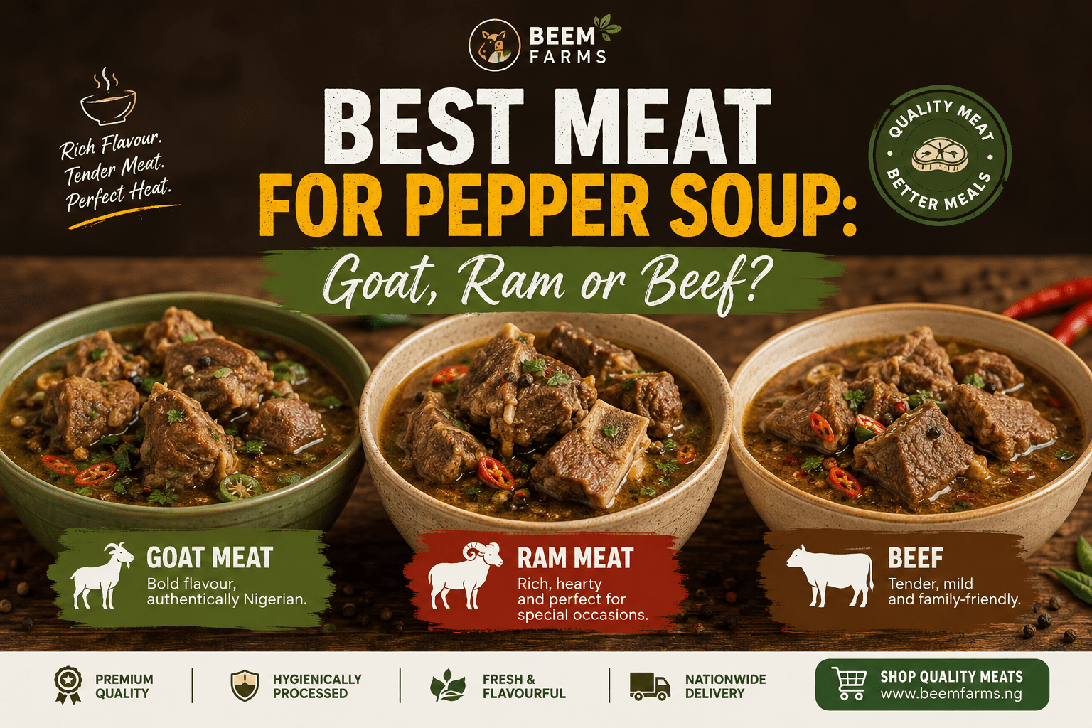 Best meat for pepper soup featuring goat meat, ram meat and beef.